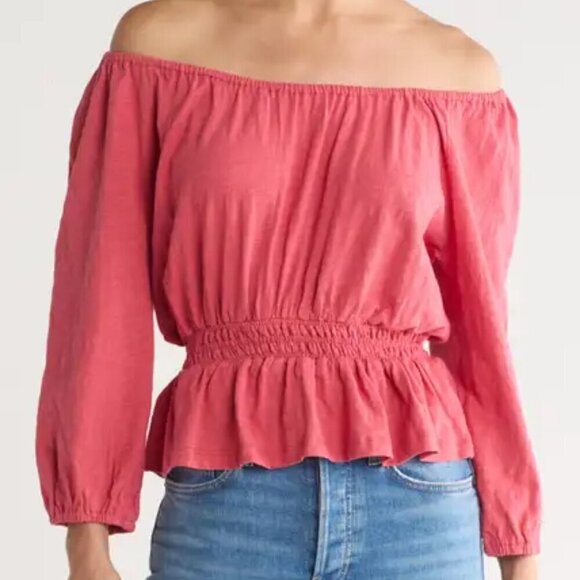 Marine Layer Christiana knit boho top shirt blouse red off shoulder smock new S - Picture 1 of 5